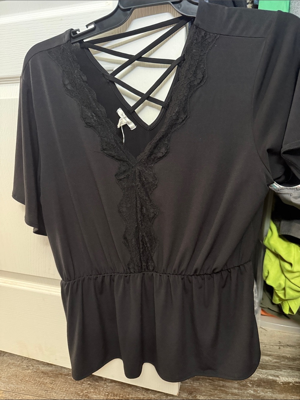 Black Lace-Trim Crisscross V-Neck Peplum Top